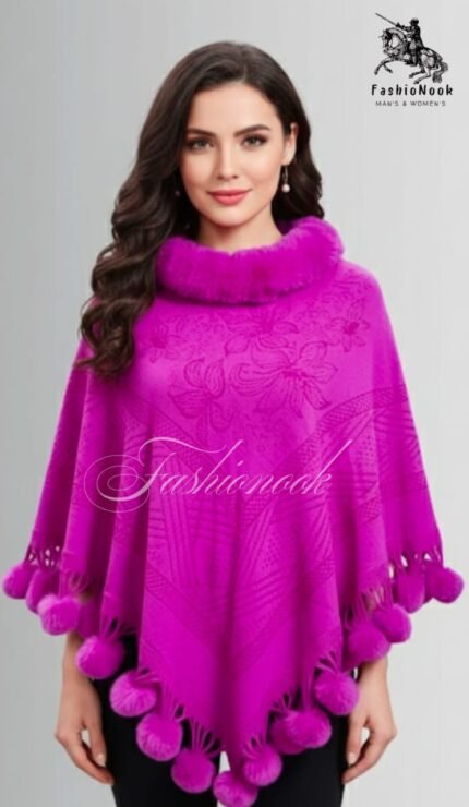 Luxury Faux Fur Trimmed Winter Poncho – Elegant Burgundy Shawl with Pom-Pom Fringe