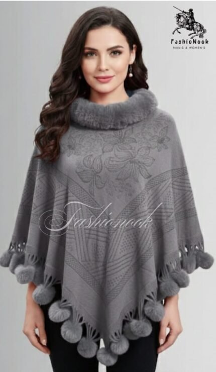 Luxury Faux Fur Trimmed Winter Poncho – Elegant Burgundy Shawl with Pom-Pom Fringe